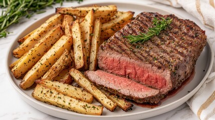 Perfectly Seared Steak Served with Crispy Roasted Fries
