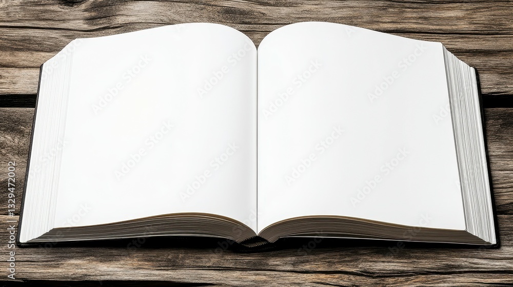 Poster an open blank book resting on a rustic wooden surface inviting creativity and inspiration for storyt