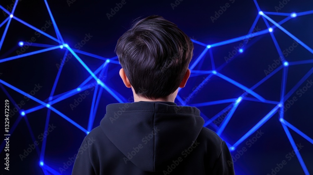 Poster a dark figure standing in front of a glowing geometric web of interwoven lines and nodes, with digit