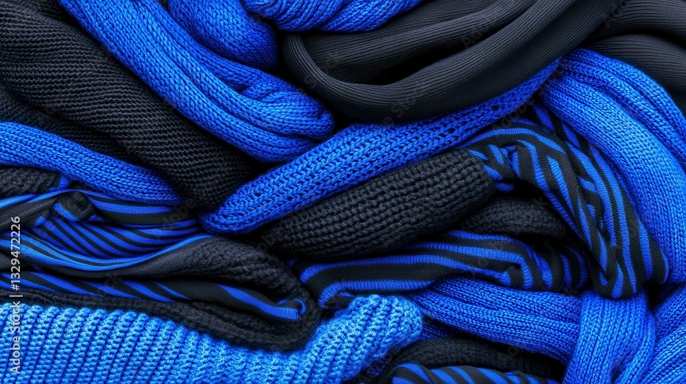 Poster a vivid collection of textured fabrics in blue and black, showcasing an artistic arrangement of text