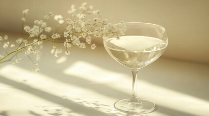 A tasty cocktail in a sleek glass, garnished with gypsophila flowers, placed on a light-colored surface to highlight the beauty and elegance of the drink.