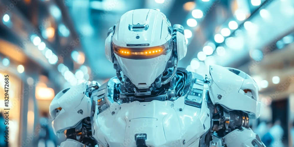 Poster a futuristic white robot stands confidently in a vibrant, illuminated space. this image captures adv