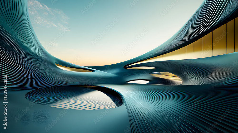 Poster striking blue abstract structure showcasing curvilinear forms and modern design in a digital art com