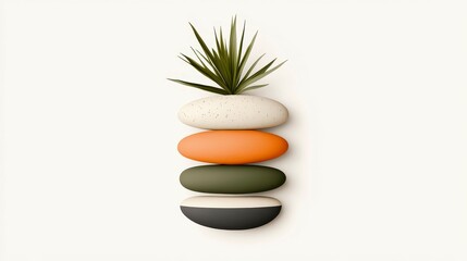 Aesthetic arrangement of colorful stones with a plant on top, showcasing modern decor and natural elements in a minimalistic setting