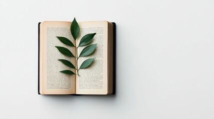 Fototapeta premium An open book with green leaves elegantly placed on the pages, creating a harmonious blend of nature and literature