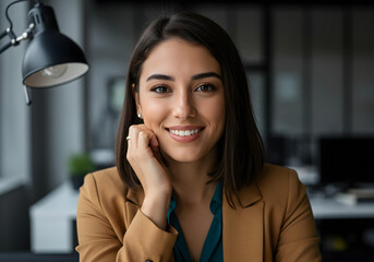 Corporate headshot of a stylish Latina woman in a suit, exuding confidence and success.