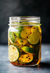Pickled lime with chilly. Fermented healthy food concept.