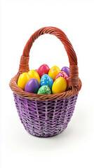 A realistic plastic figurine of Easter basket with eggs, isolated on white background
