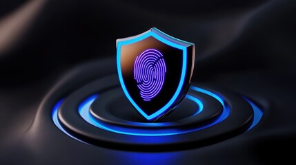 A digital holographic blue shield floating in a dark cyber environment, with a shimmering biometric fingerprint scan in the center, high-tech security concept, ultra-futuristic, cinematic lighting
