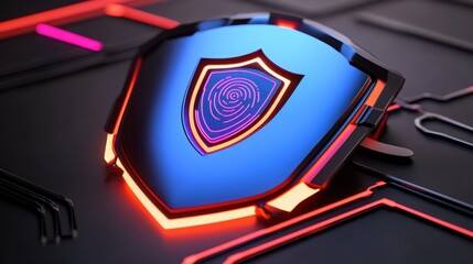 A futuristic blue shield with a digital fingerprint scanner in the center, glowing neon circuits, cybersecurity concept