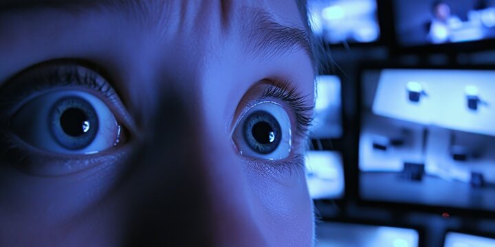 A close-up of a eyes, wide with fear, as they scan a room filled with surveillance cameras
