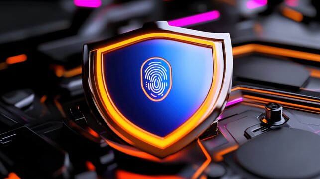 A futuristic blue shield with a digital fingerprint scanner in the center, glowing neon circuits, cybersecurity concept