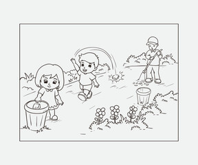 Illustrated scene of children actively cleaning a park by picking up trash and sweeping clean pathways, emphasizing teamwork, care for nature, and responsibility.