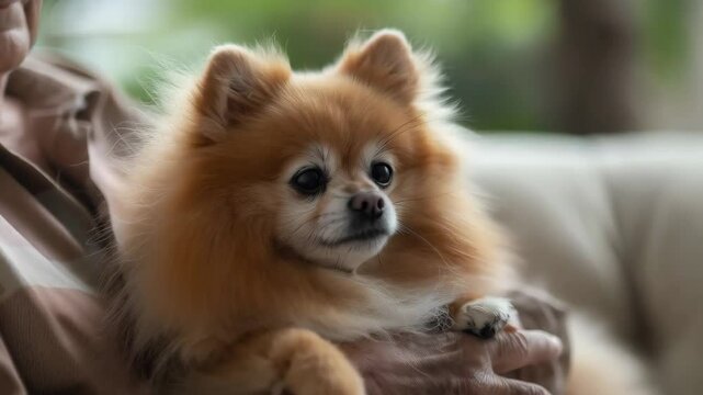 Elderly individual relaxes with a pomeranian dog at home during a sunny afternoon