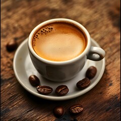 Fototapeta premium Espresso on a wooden table with coffee beans next to it
