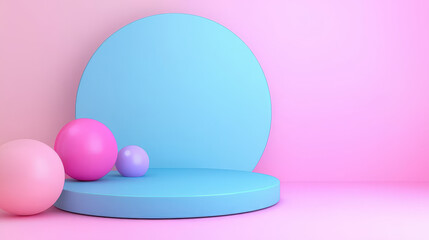 vibrant podium with colorful spheres in playful setting, perfect for virtual events