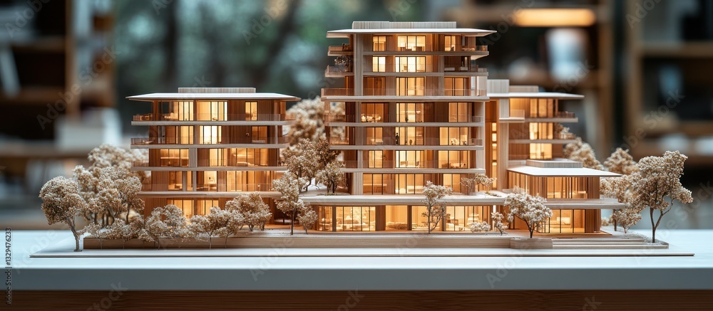 Poster illuminated architectural model of modern apartment complex with surrounding trees.