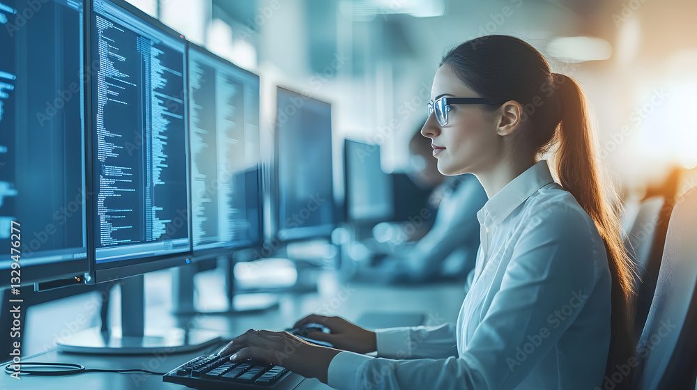 Poster focused woman engaged in work on a computer in a modern workspace featuring curvilinear design and c