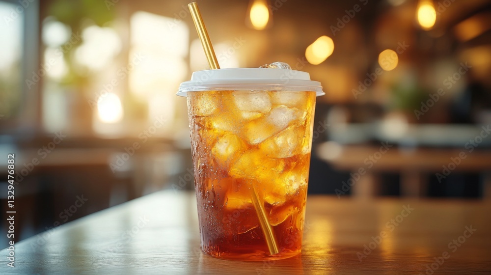 Poster An iced beverage with ice cubes and a straw rests on a wooden table inside a cafe. Soft lighting illuminates the drink, creating a cozy atmosphere during the golden hour.