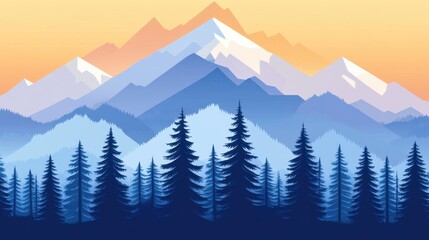 Fototapeta premium Majestic Mountain Range at Sunrise: A Serene Winter Landscape of Pine Trees and Snow-Capped Peaks