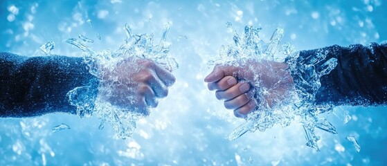 Frozen Conflict: A Stunning Visual Depiction of a Clash of Two Fists Encased in Ice, Symbolizing a Powerful Struggle or Impending Confrontation.