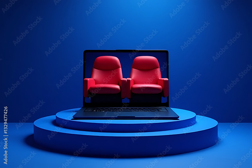 Poster virtual event displaying red chairs on laptop studio setting digital art blue background