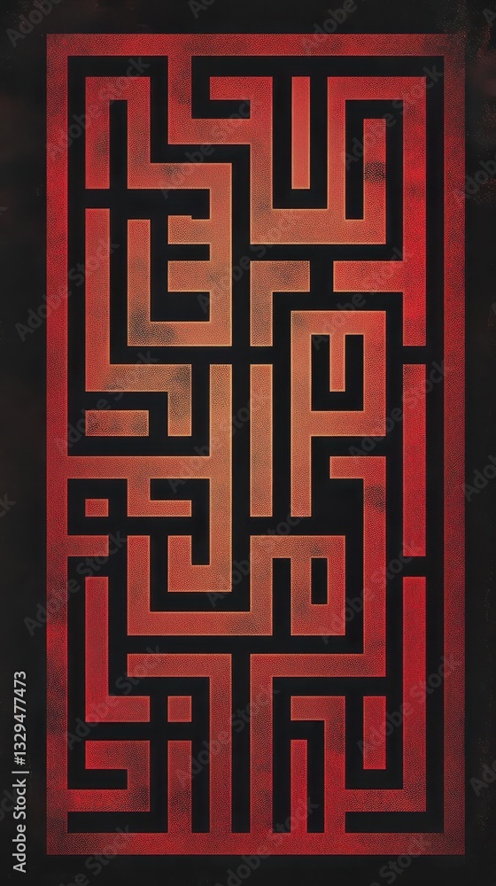 Poster a rectangular pattern with a vibrant red and black maze design