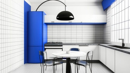 Modern blue kitchen design, dining area, white tiles, window background; home decor