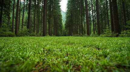 Lush green grass surrounded by tall trees in a tranquil forest
