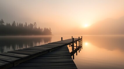 Obraz premium Foggy Sunrise Lake Landscape with Wooden Pier and Mountain Scenery