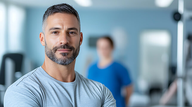 Physical therapist coaching patient through rehabilitation in gym environment focusing on health and fitness techniques motivational viewpoint