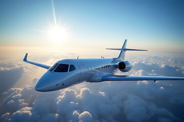 Private jet flying above clouds aerial view aviation photography serene atmosphere adventure