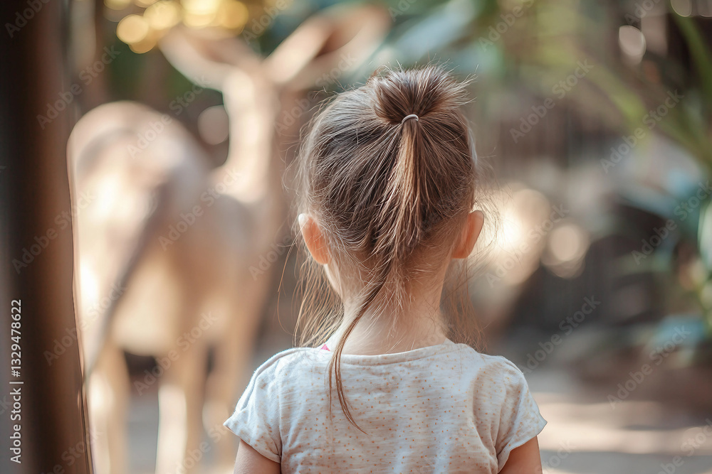 Poster curious child observing an animal in zoo setting generative ai