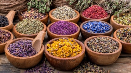 Fototapeta premium A stunning array of colorful dried herbs and spices, artistically arranged in wooden bowls, highlighting a vibrant palette and rustic texture.