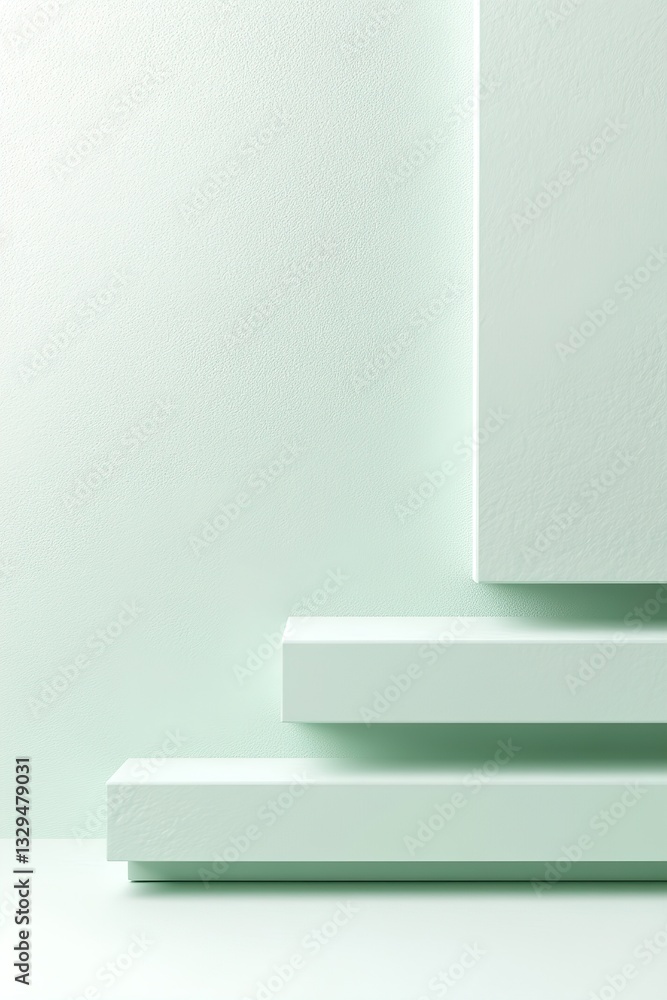 Poster overlapping semi-transparent geometric shapes in soft green rest along the bottom border. the upper 