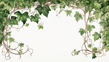Fototapeta premium Delicate ivy vines wrapping around the edges, creating a vintage botanical style on a white background. 