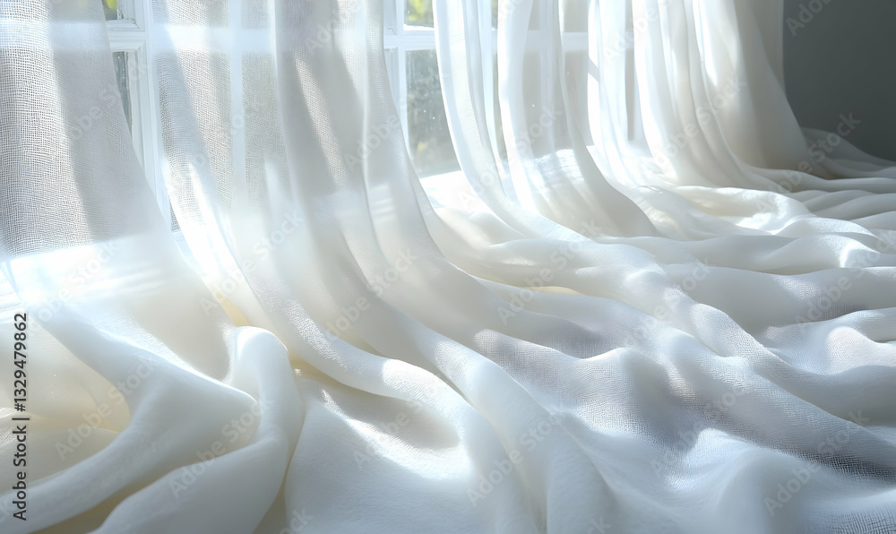 Poster Sheer white curtains gently draped, sunlight filtering through, creating soft shadows and textures on the floor