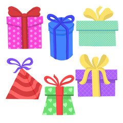 set of colorful gift boxes in colored doodle or hand drawn style on white background
