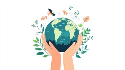 Minimalist Earth Day illustration featuring hands holding the planet with blooming plants, symbolizing sustainability and global environmental care