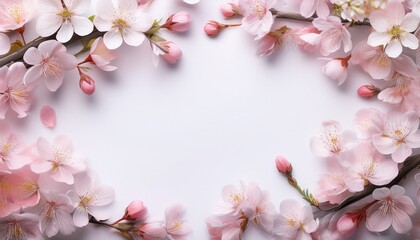 Obraz premium Delicate cherry blossom branches framing the edges, with soft pink tones, creating a serene and graceful look on a white background. 
