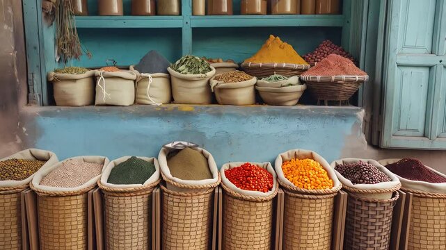 Colorful spice display in a local market showcasing various herbs and seasonings