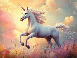 Naklejka premium a unicorn with a horn standing with a beautiful sky.