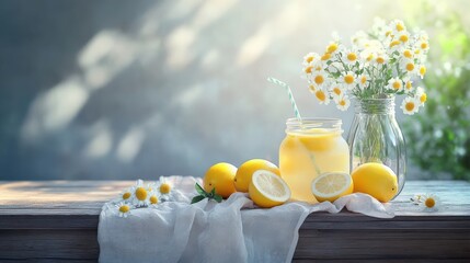 Fresh Lemonade and Flowers on a Sunny Table. Bright Lemons and Refreshing Drink in a Jar. A Perfect Summer Vibe.