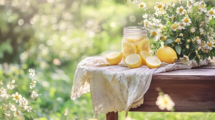 Fresh lemons in a sunny garden, jar of lemonade on a wooden table with flowers, natural light shines through.