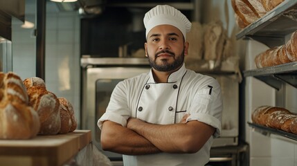 Confident Chef Standing Proudly in a Bright Bakery Surrounded by Freshly Baked Bread