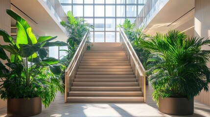 Bright stairway with plants invites you to explore. Sunlight floods the interior space, creating a peaceful ambiance.