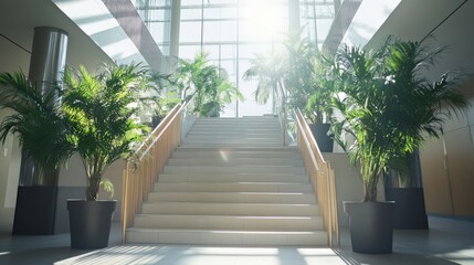 Bright Staircase Surrounded by Lush Green Plants in Modern Indoor Space