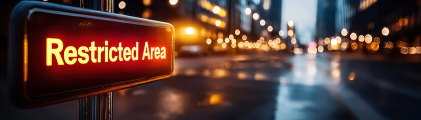 Obraz premium emergency travel warning, Restricted area sign illuminated at night in city street