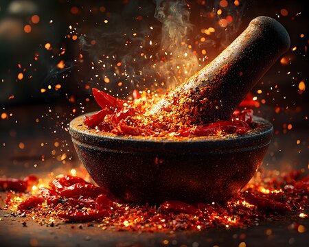 Glowing Mortar and Pestle Grinding Vibrant Red Chilies with Bursts of Light and Energy