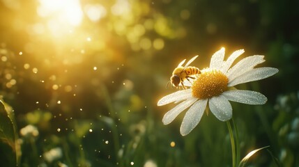 A bee sits on a white daisy, basking in the warm sunlight, bringing life to a beautiful garden in soft focus.